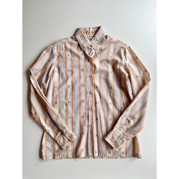 Vintage 70's LADY MANHATTAN Rose Embroidered Striped Button Down Shirt, Size M - Picture 5 of 14